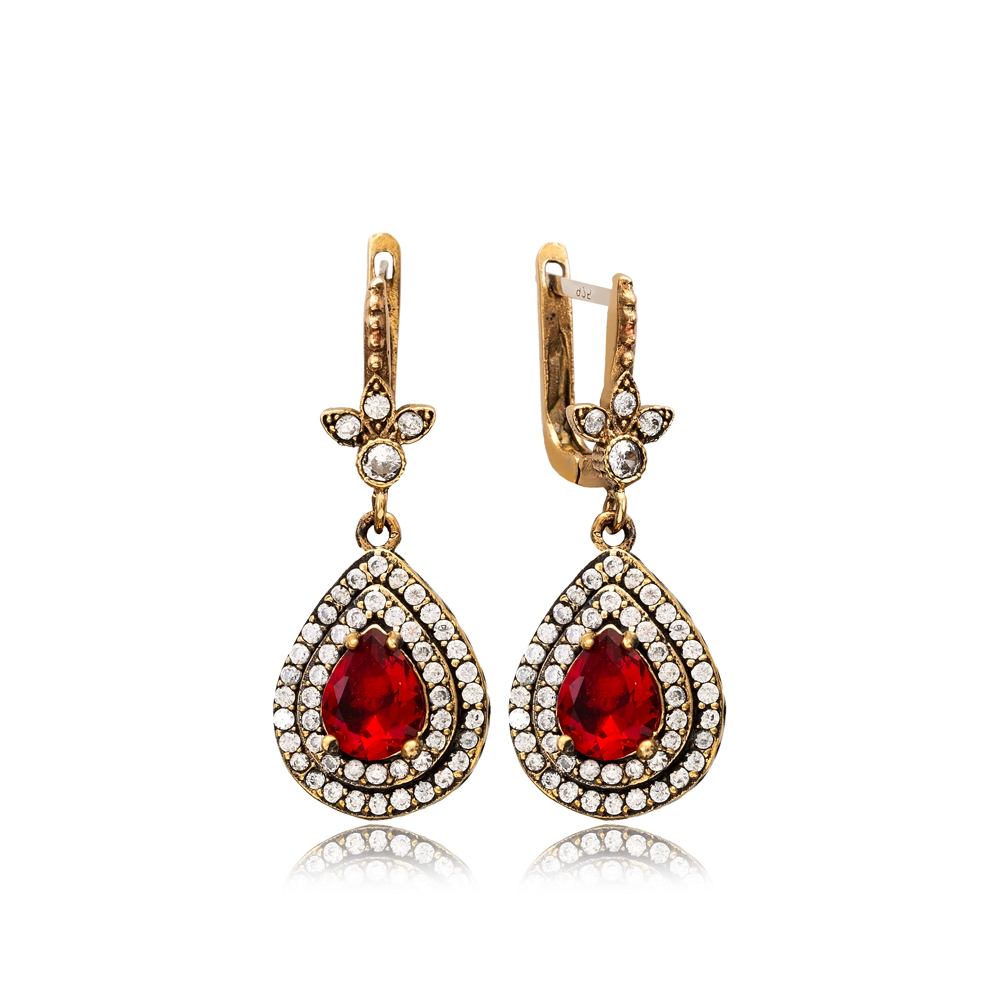 Pear Drop Ruby CZ Ottoman Style Authentic Silver Earrings