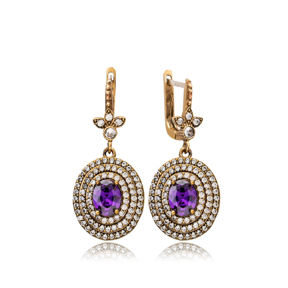 Amethyst CZ Oval Ottoman Style Authentic Silver Earrings