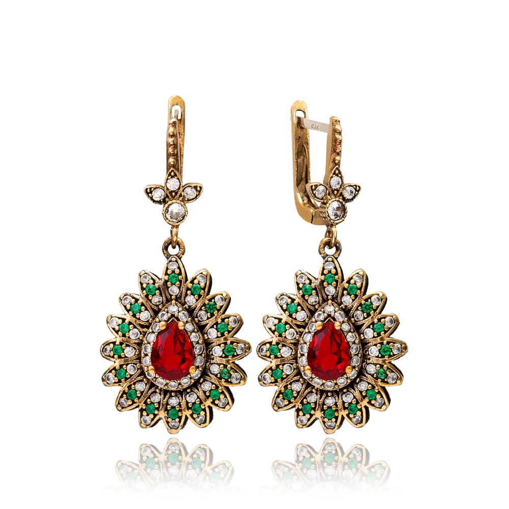 Ruby CZ Pear Drop Shape Ottoman Authentic Silver Earrings