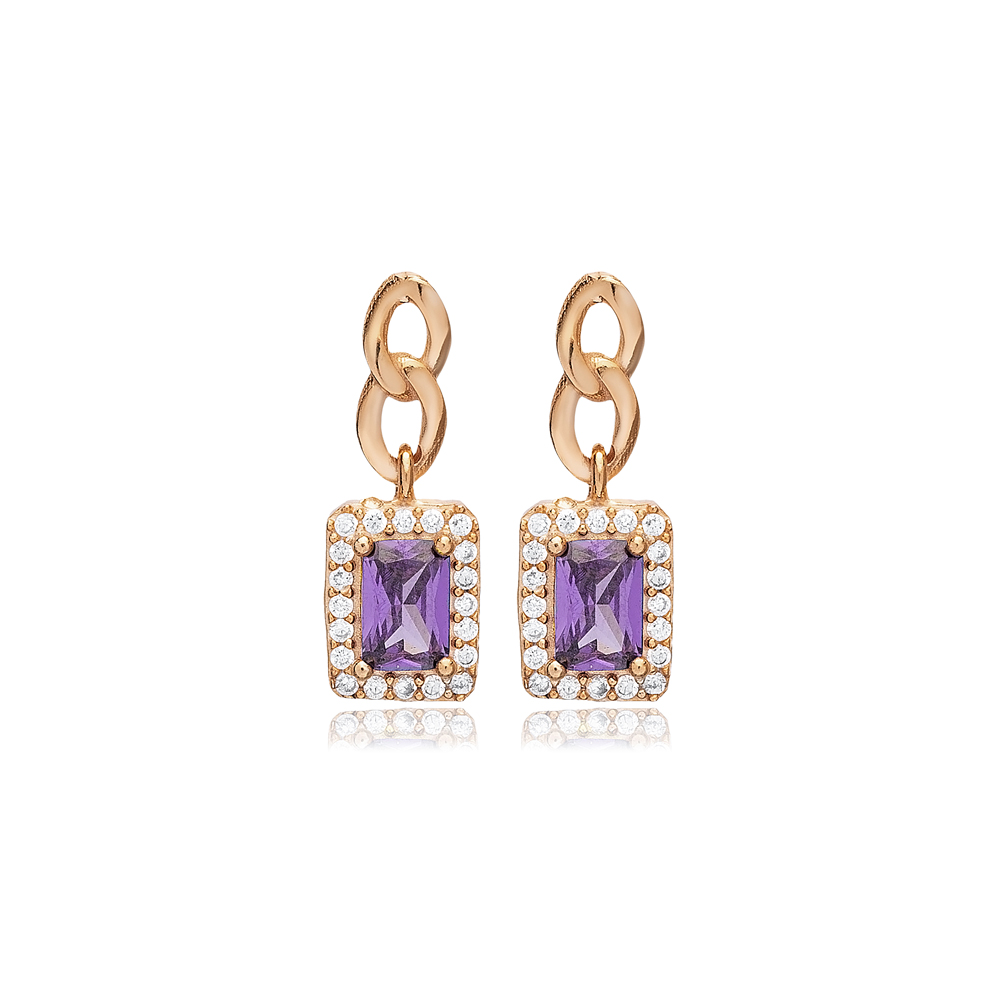 Amethyst CZ Stone Rectangle Sterling Silver Stud Earrings