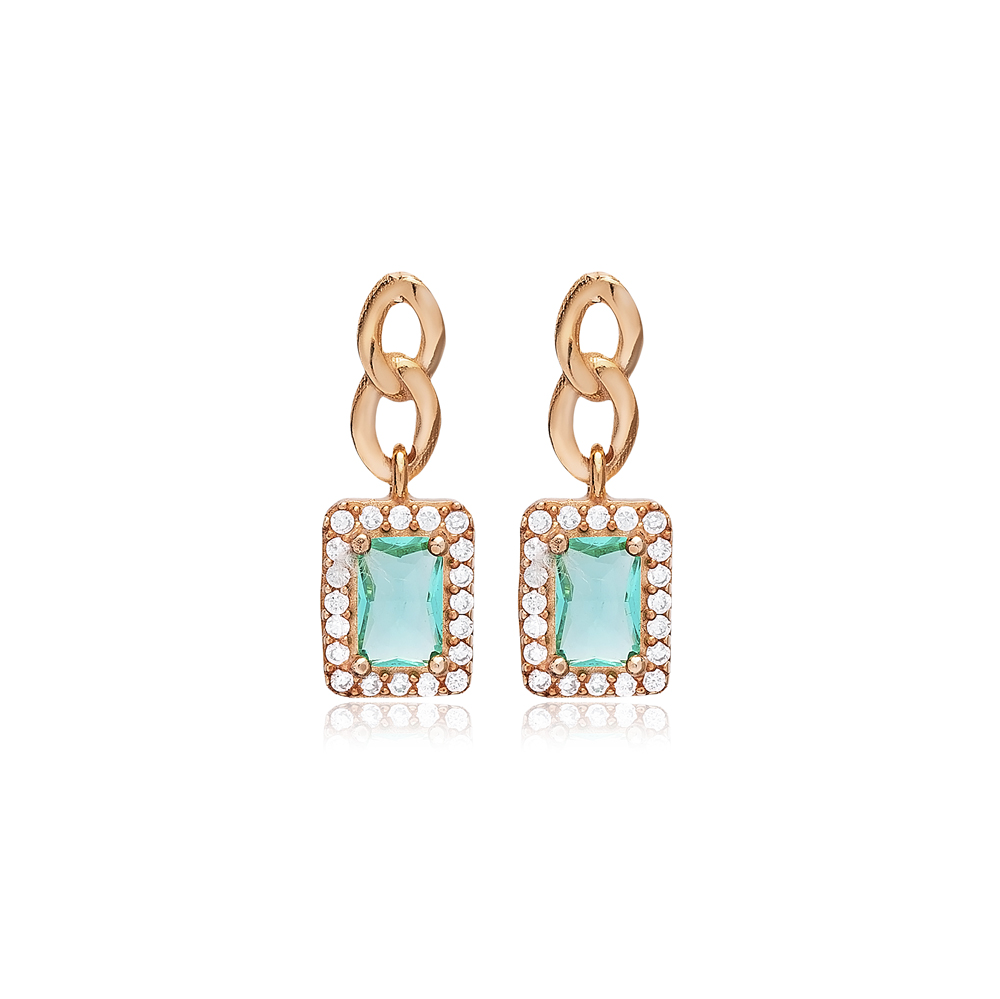 Paraiba CZ Stone Rectangle Design Silver Stud Earrings