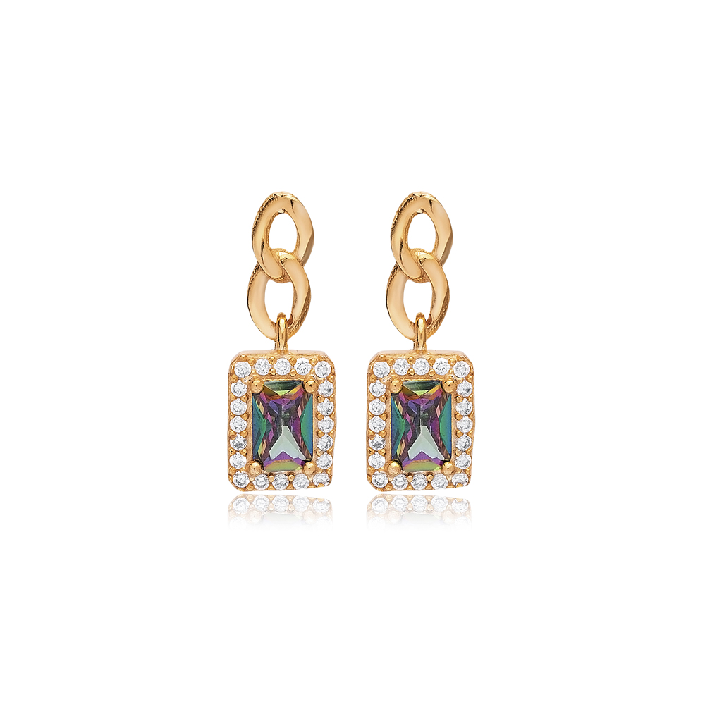 Mystic Topaz CZ Stone Rectangle Design Silver Stud Earrings