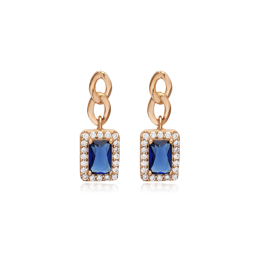 Sapphire CZ Stone Rectangle Design Silver Stud Earrings