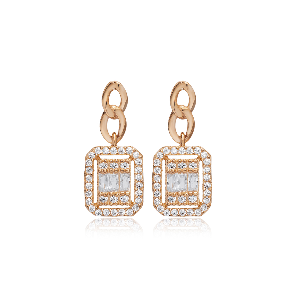 Clear CZ Stone Rectangle Design Baguette Silver Stud Earrings