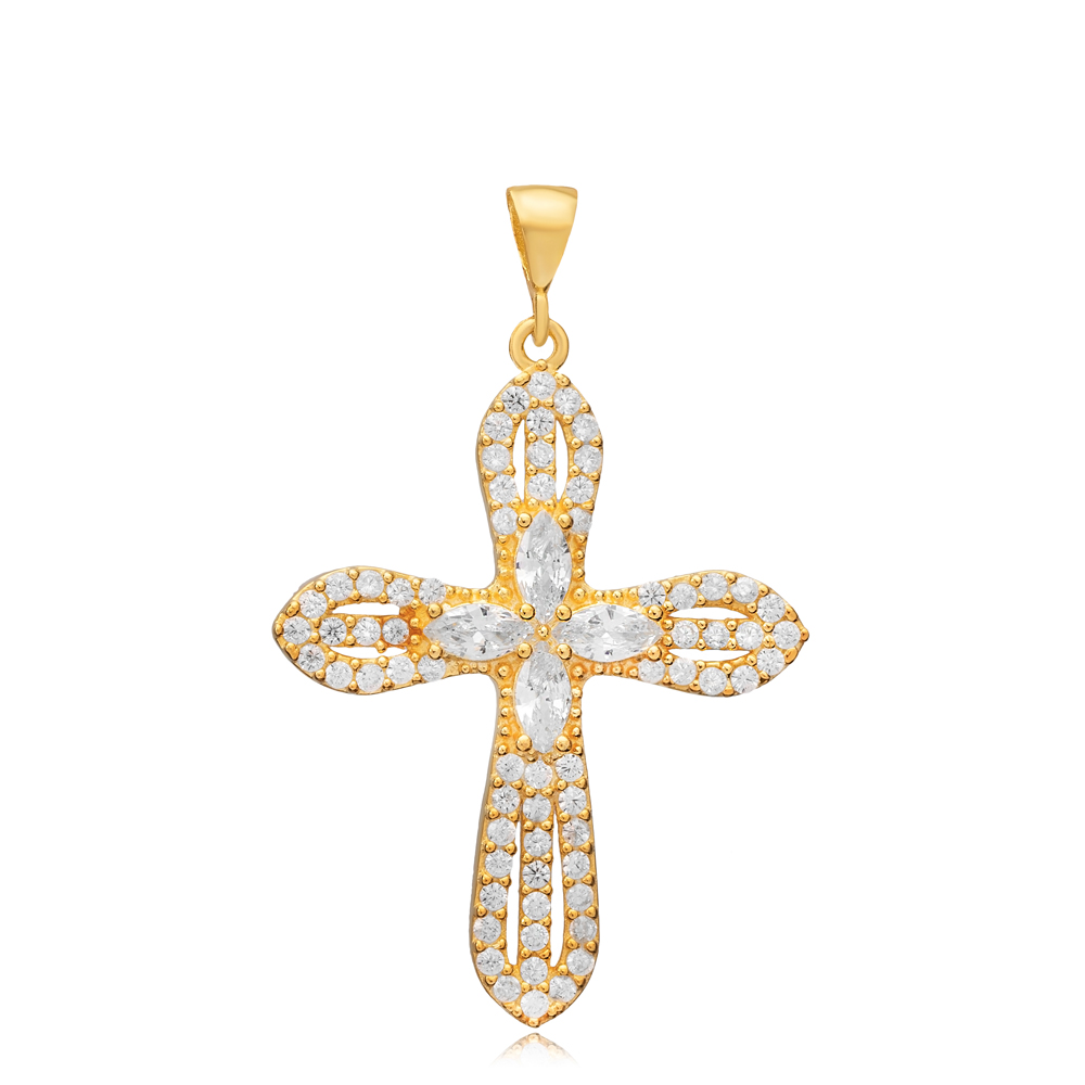 Cross CZ Round and Marquise Stone Religious Silver Pendant