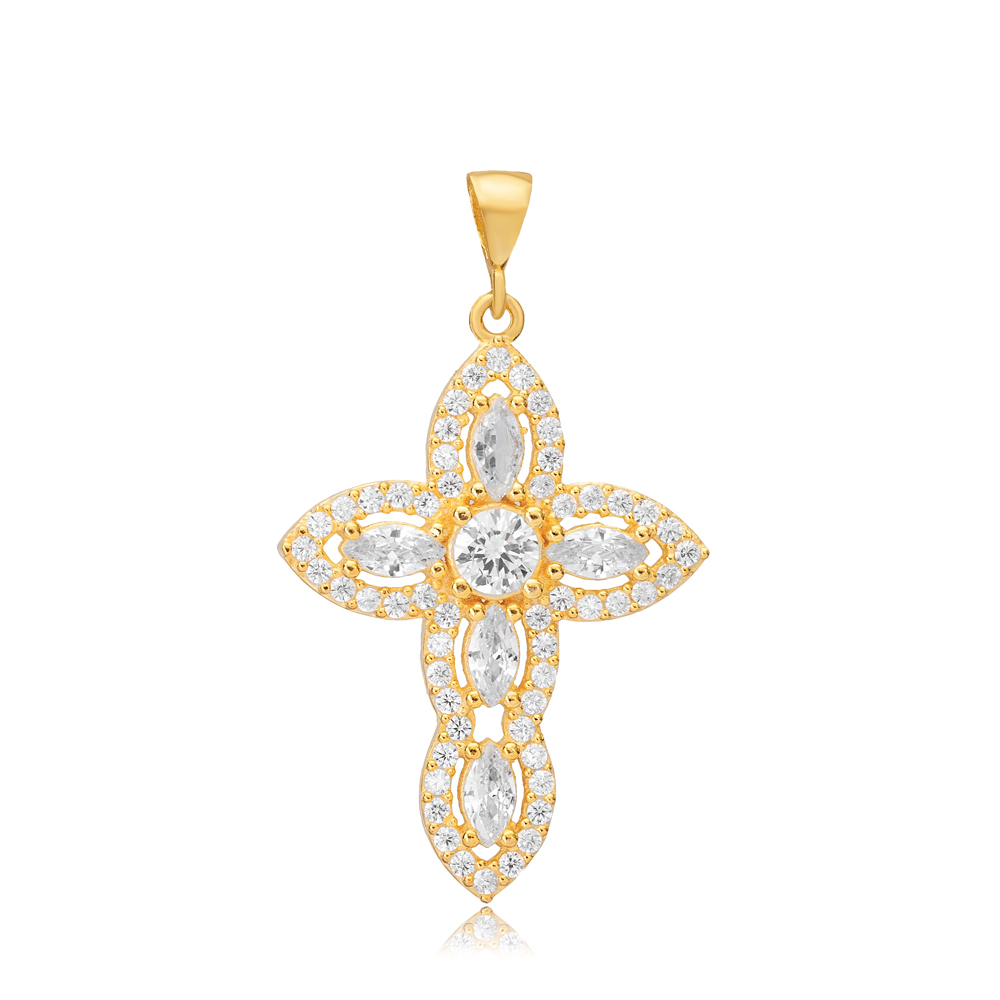 Dainty Cross CZ Marquise Stone Religious Silver Pendant