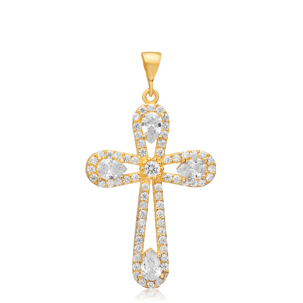 Cross Shape Pear CZ Stone Religious Silver Charm Pendant