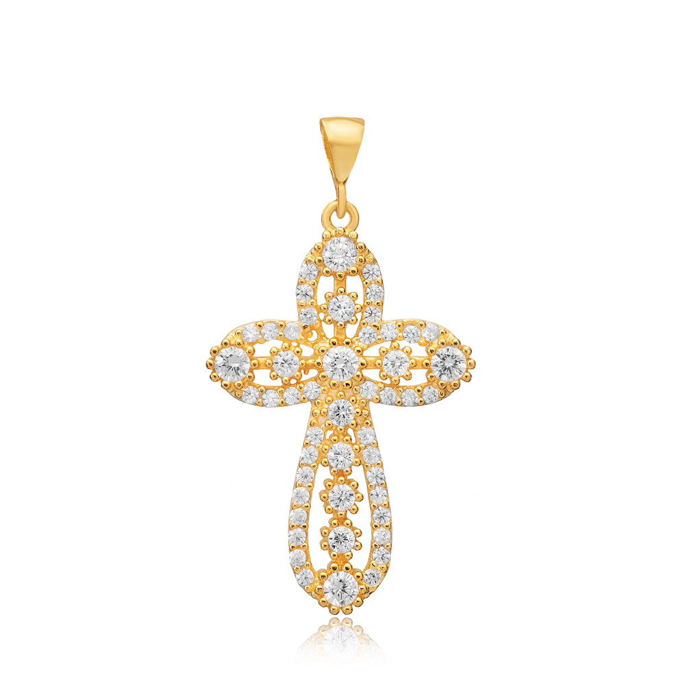 Cross Design White CZ Stone Religious Silver Pendant Charm