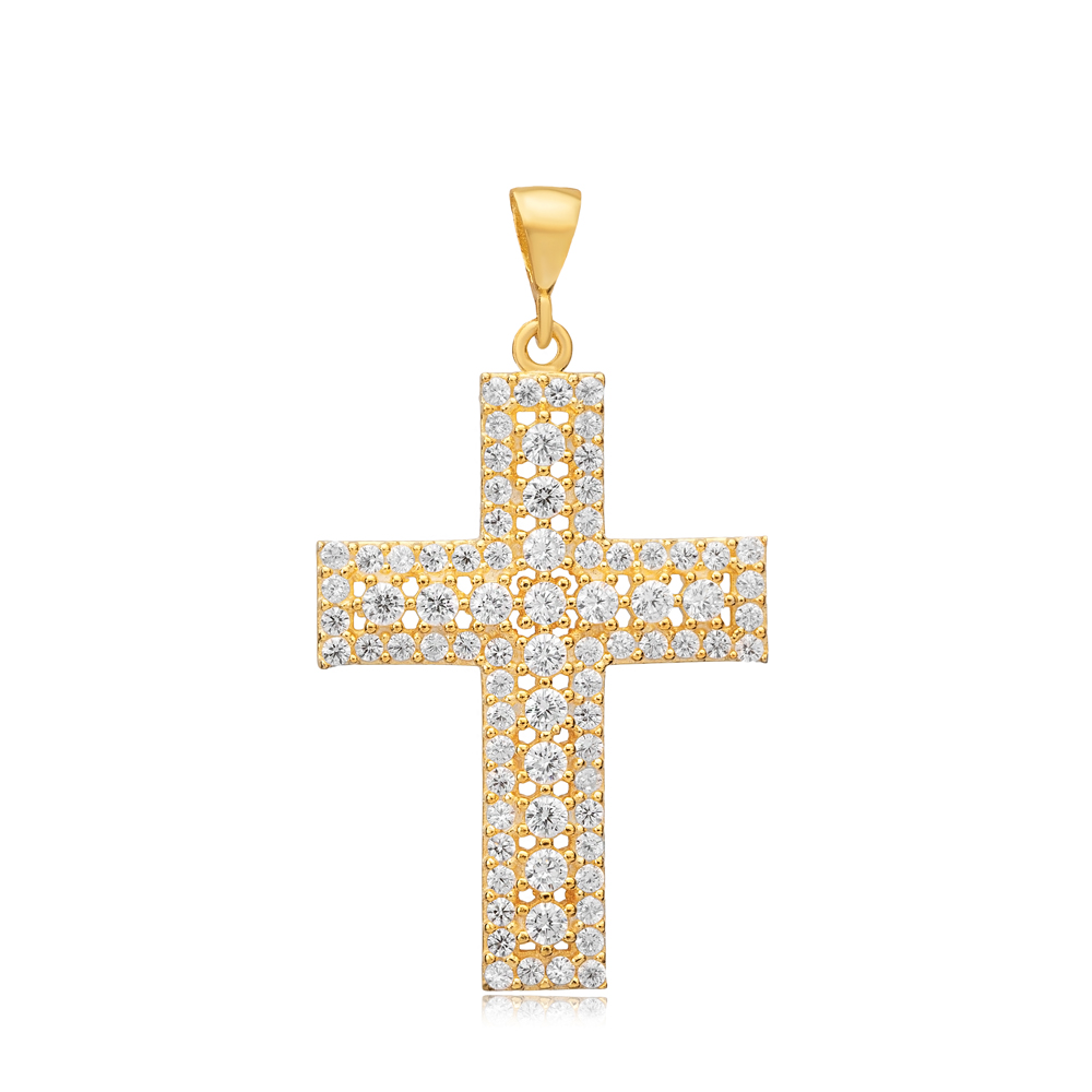 Cross CZ Round Stone Classic Religious Silver Pendant