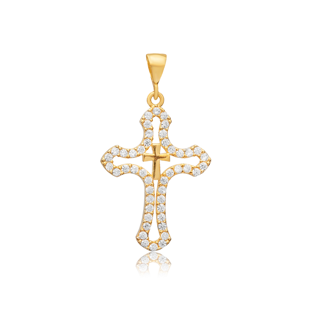 Cross Religious CZ Stone Minimalist 925 Silver Pendant Charm