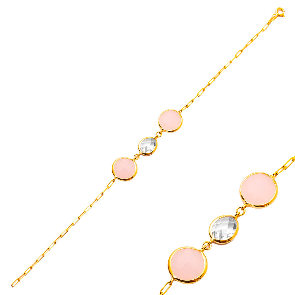 Round Pink Quartz Oval CZ 22K Gold Bezel Silver Bracelet