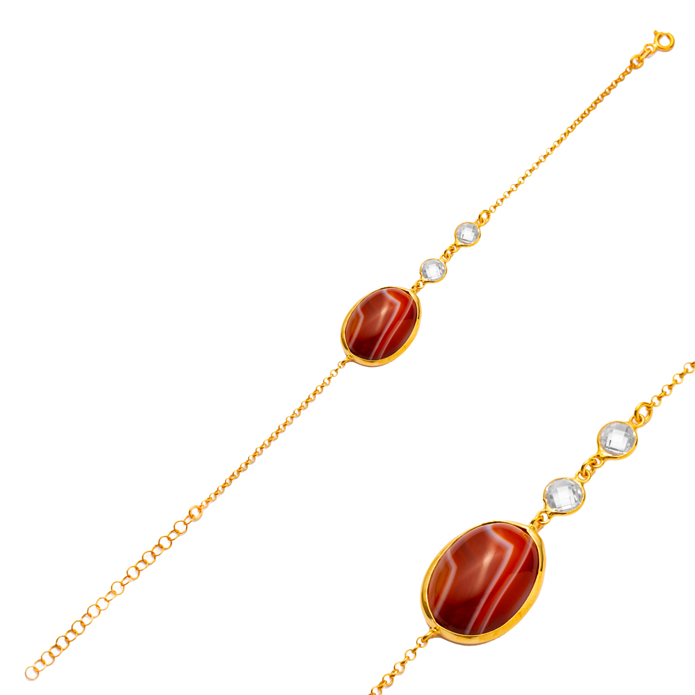 Tiger Eye Quartz 22K Gold Bezel Round CZ Silver Bracelet