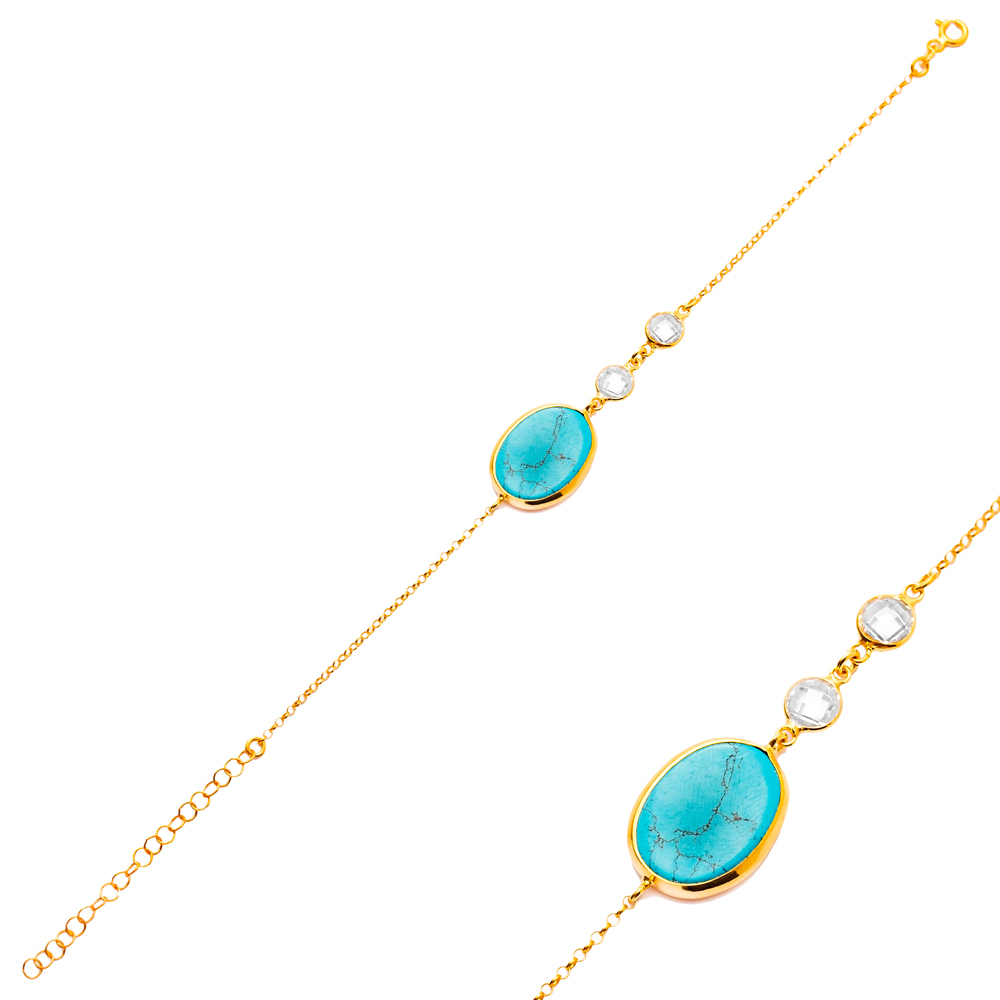 Turquoise 22K Gold Bezel Oval with CZ Stone Charm Bracelet