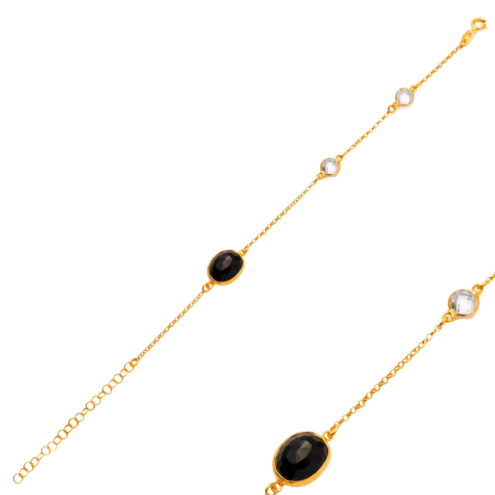 Black Quartz Oval 22K Gold Bezel CZ Stones Charm Bracelet