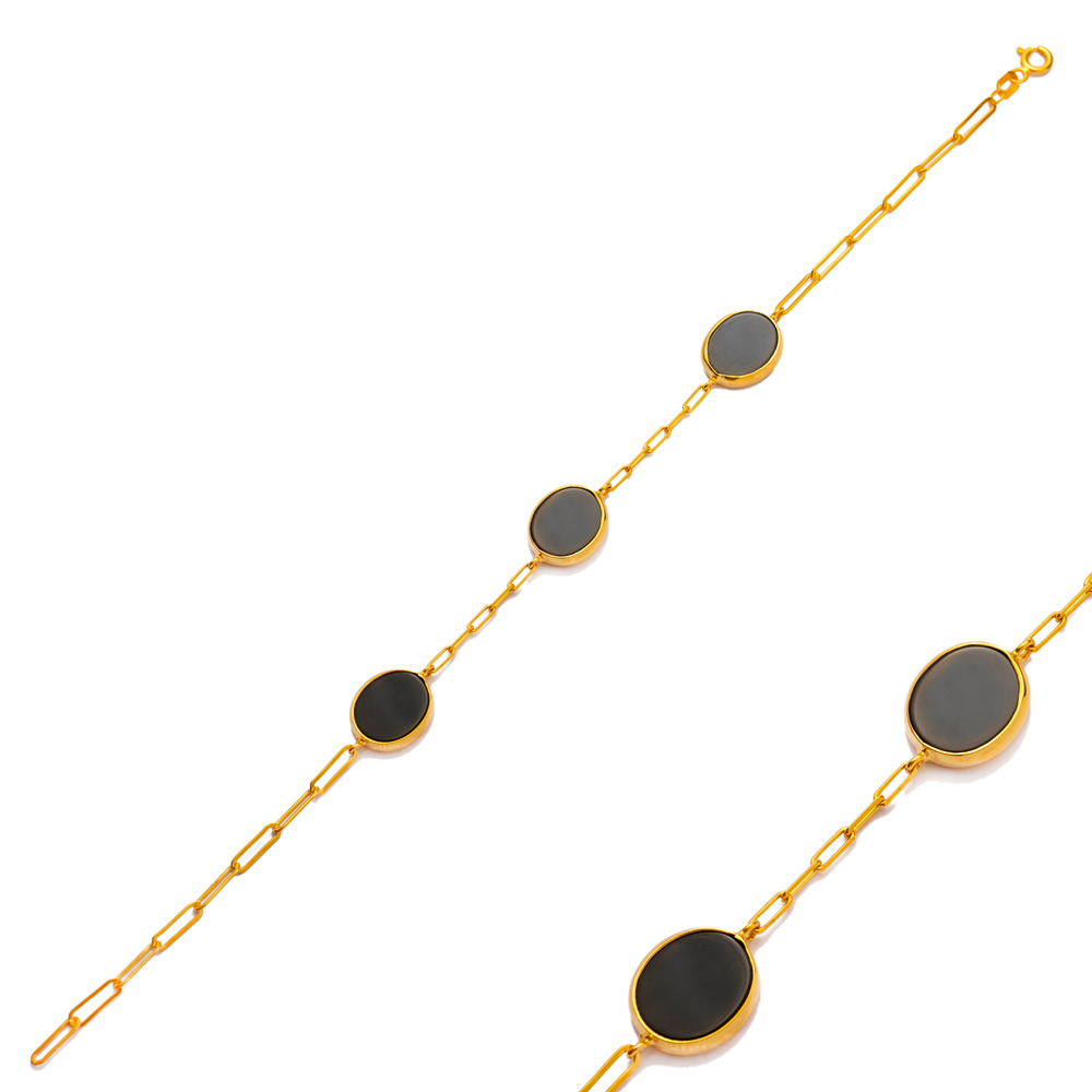 Black Quartz Stone Oval Design 22K Gold Bezel Charm Bracelet