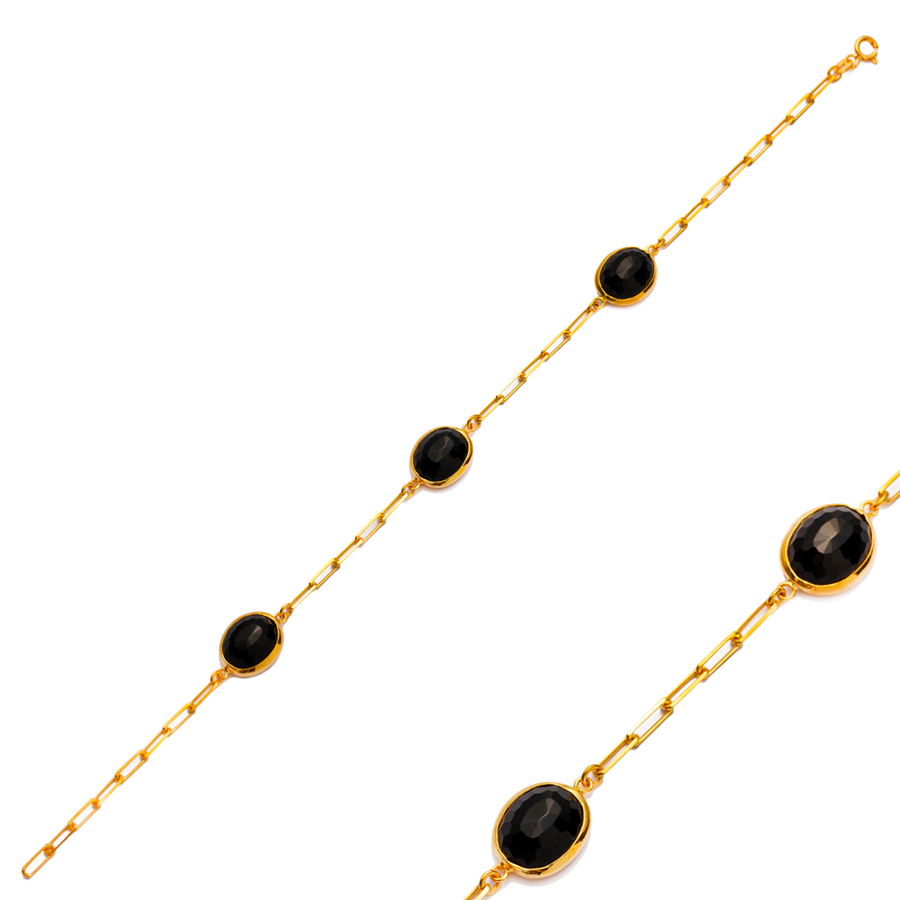 Black Quartz Triple Stone Oval 22K Gold Bezel Charm Bracelet