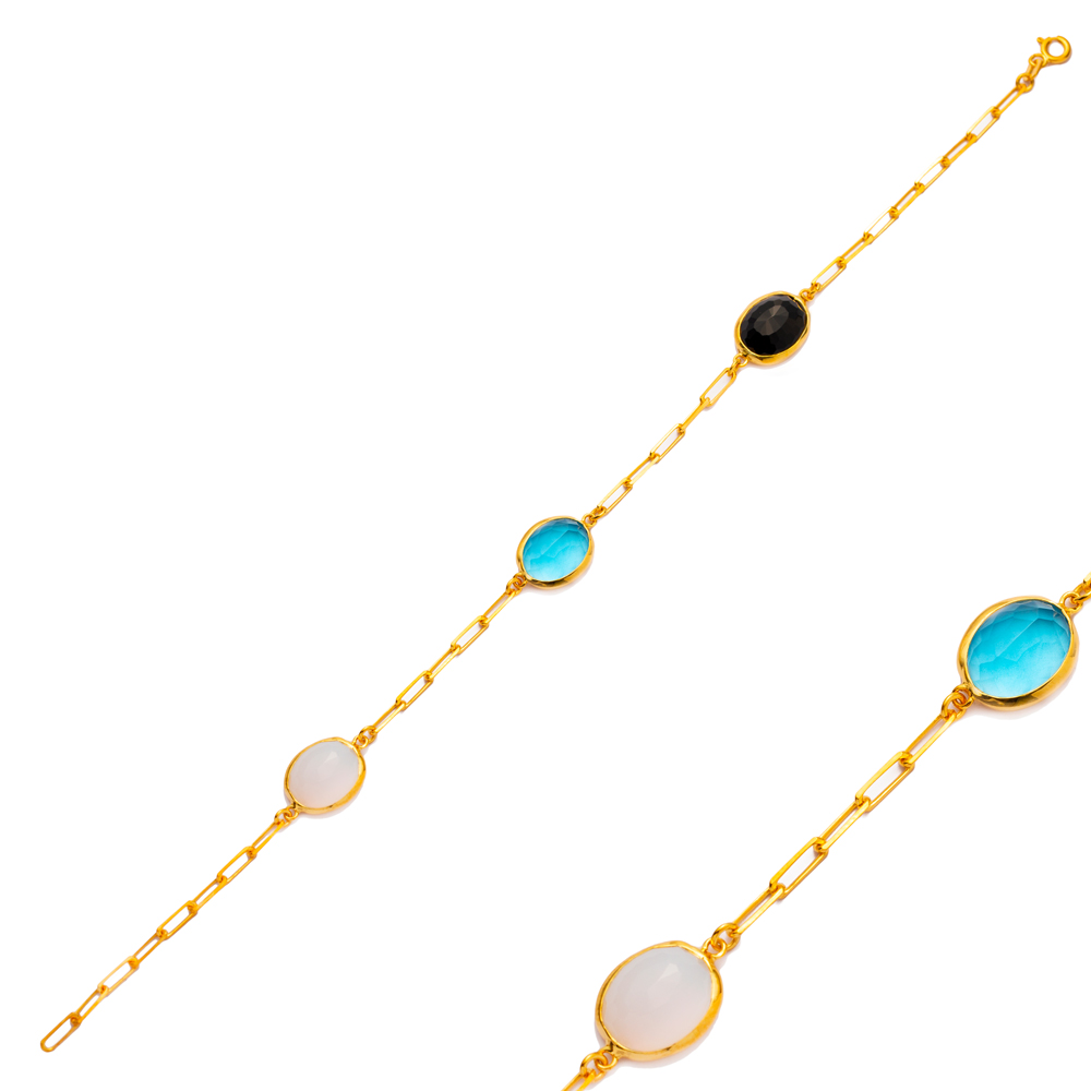 Quartz Triple Stones Oval Shape 22K Gold Bezel Charm Bracelet