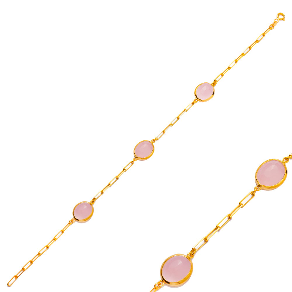 Pink Quartz Triple Stones Oval 22K Gold Bezel Charm Bracelet