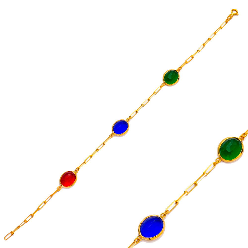 Triple Colorful Quartz Stones Oval Shape 22K Gold Bezel Charm Bracelet
