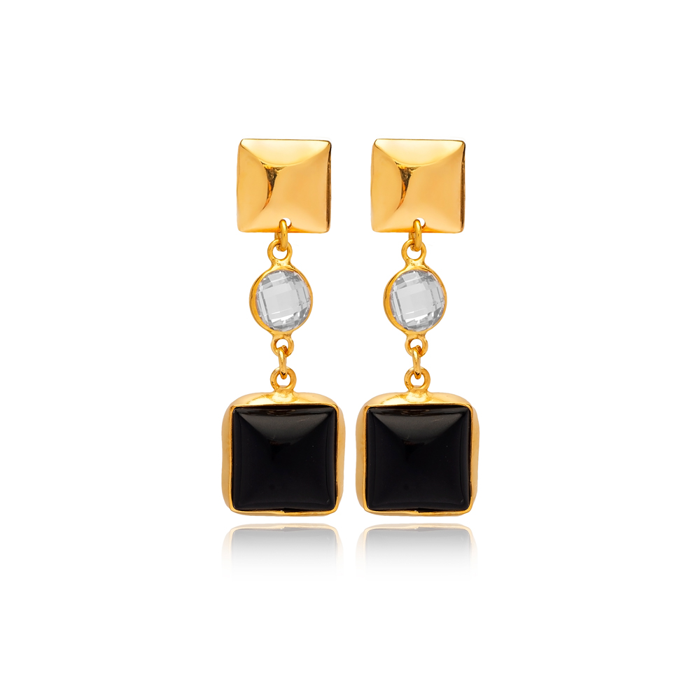 Black Quartz Square Shape Plain 22K Gold Bezel Stud Earrings