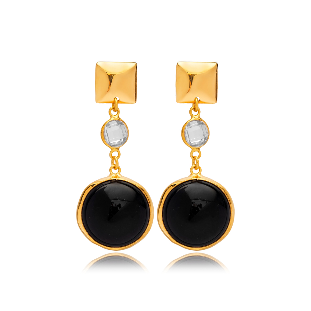 Black Quartz Round Shape Plain 22K Gold Bezel Stud Earrings