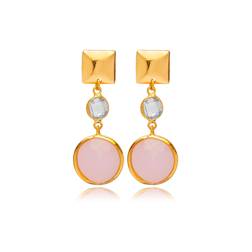 Pink Quartz Round Shape Plain 22K Gold Bezel Stud Earrings