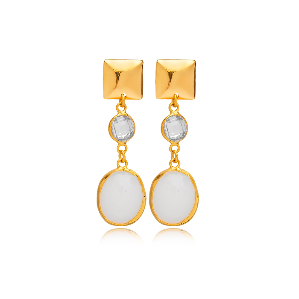 White Smoke Quartz Oval Shape 22K Gold Bezel Stud Earrings