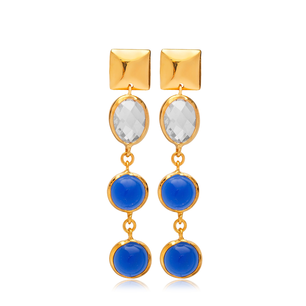 Sapphire Quartz Round Shape 22K Gold Bezel Stud Earrings