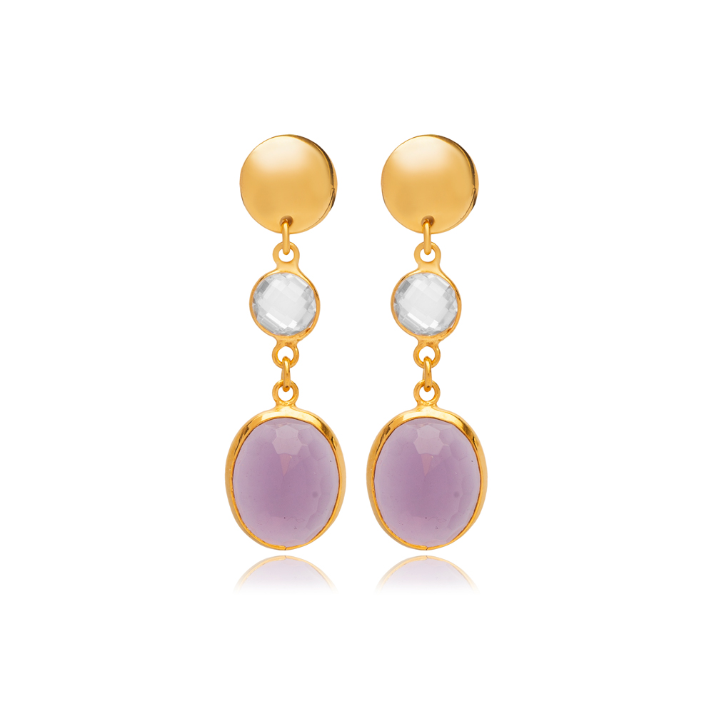 Amethyst Quartz Oval Shape 22K Gold Bezel Stud Earrings