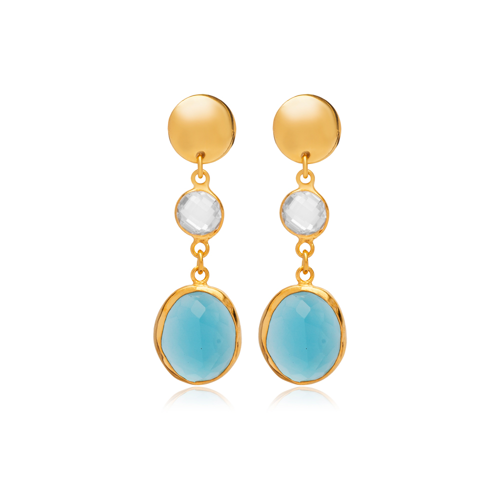 Aquamarine Quartz Oval 22K Gold Bezel Plain Stud Earrings