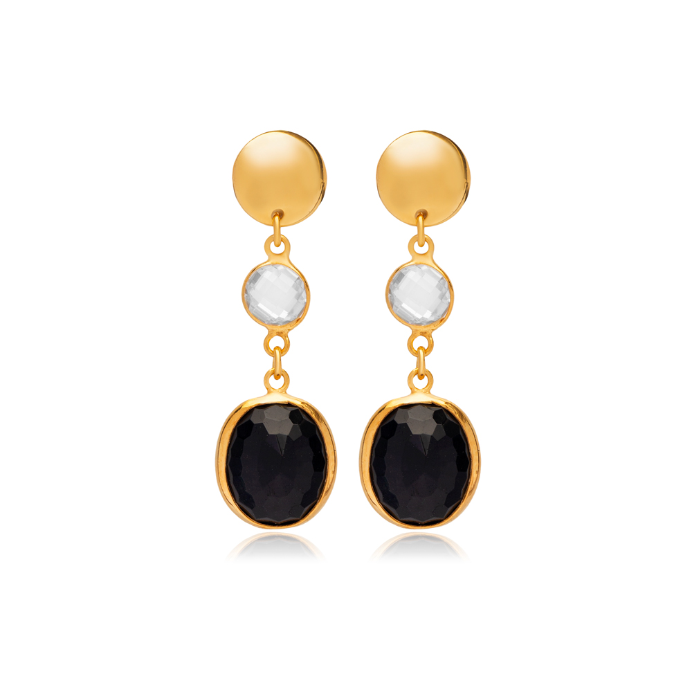 Black Quartz Oval 22K Gold Bezel Plain Round Stud Earrings