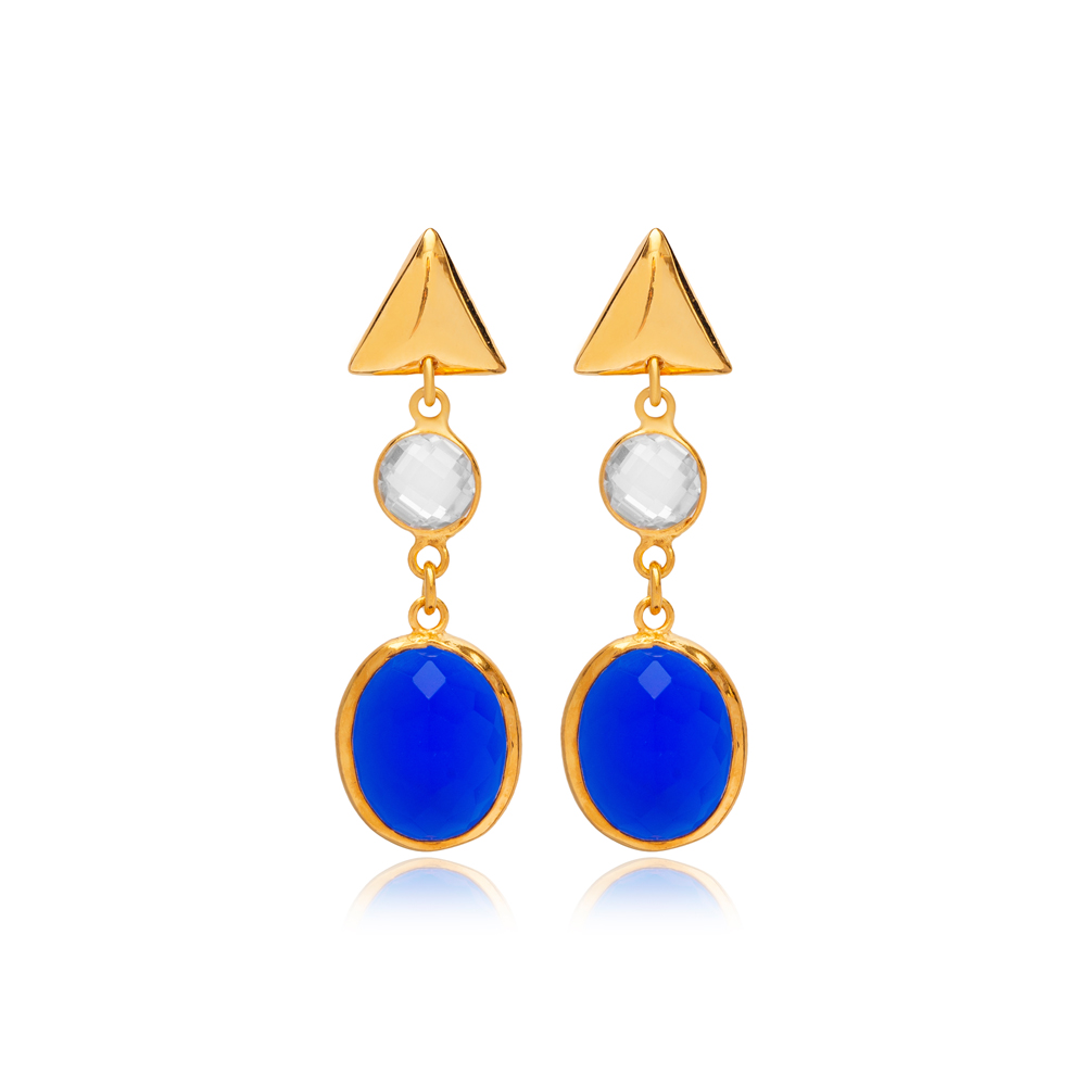 Sapphire Quartz 22K Gold Bezel Plain Triangle Stud Earrings