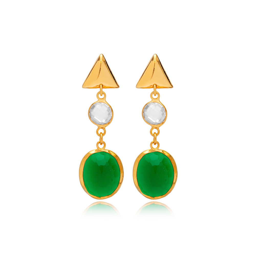 Emerald Quartz 22K Gold Bezel Plain Triangle Stud Earrings