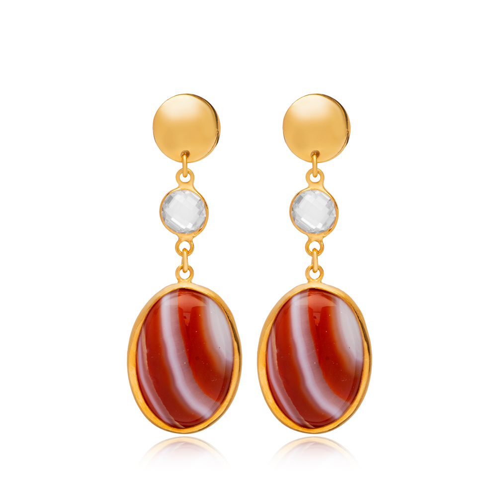 Tiger Eye Quartz Oval 22K Gold Bezel Stud Silver Earrings