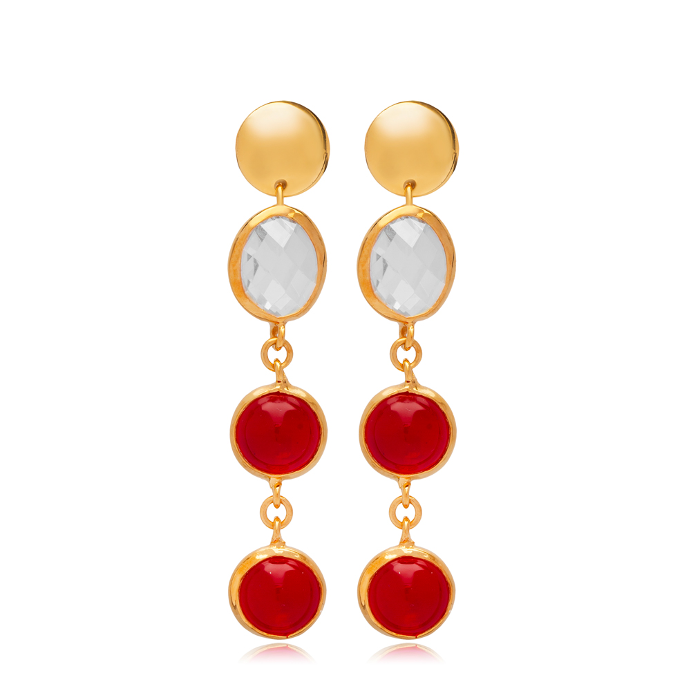 Ruby Quartz Round and Oval CZ 22K Gold Stud Silver Earrings