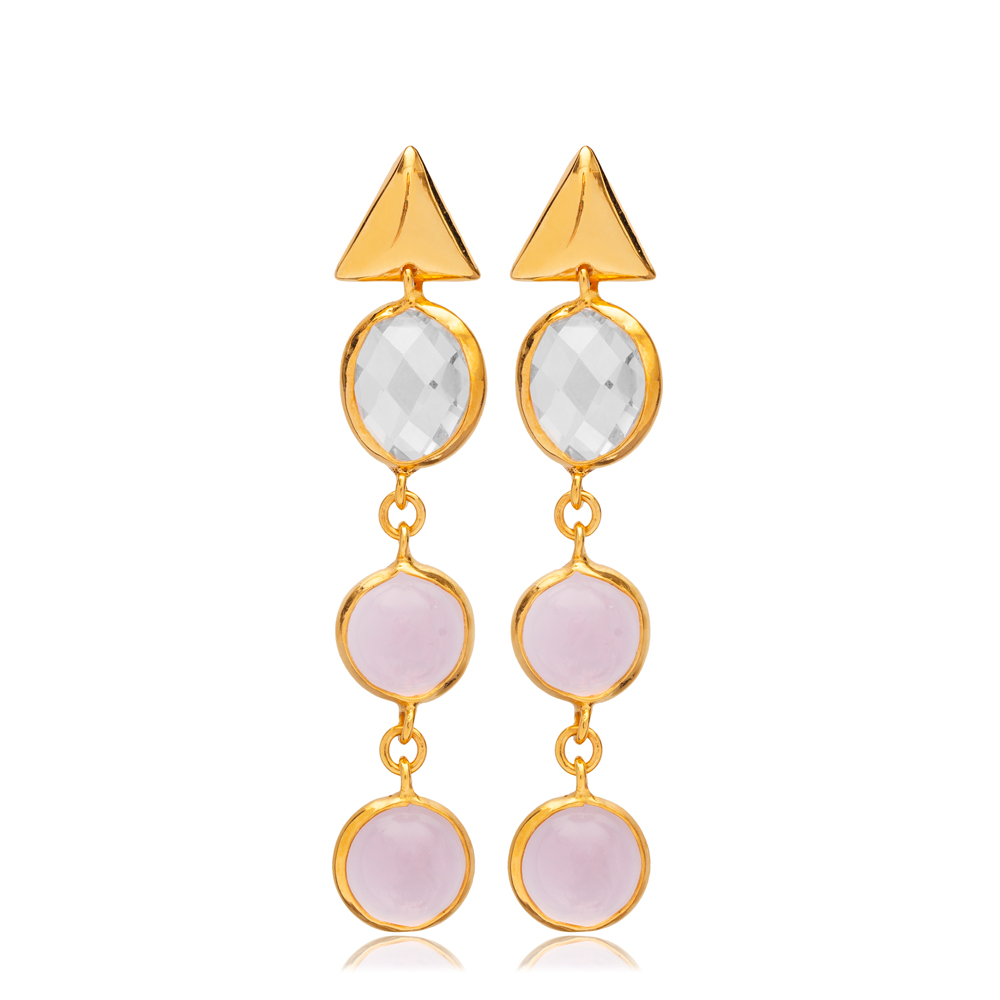 Pink Smoke Quartz CZ 22K Gold Bezel Stud Silver Earrings