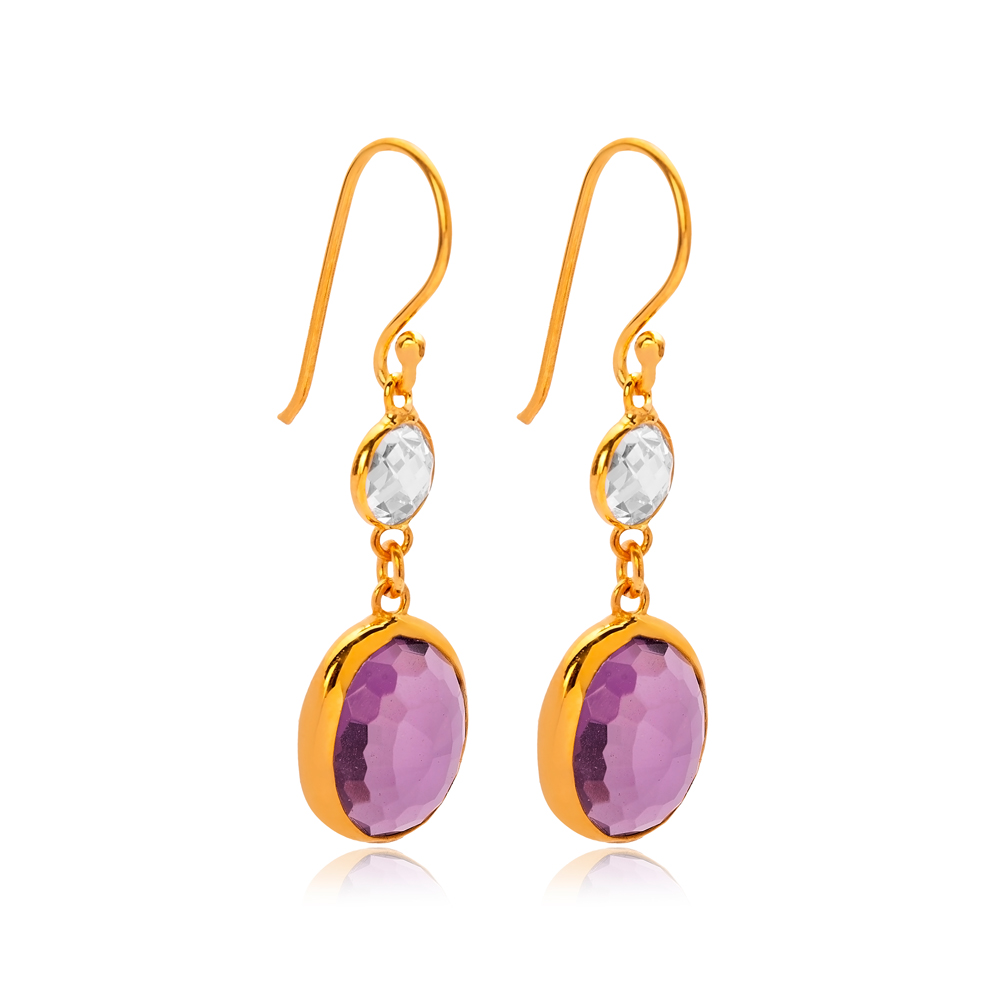 Amethyst Quartz Oval 22K Gold Bezel Hook Silver Earrings