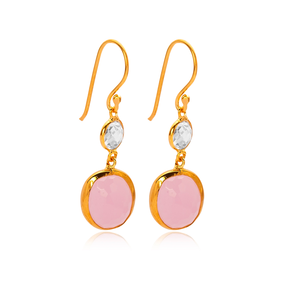 Pink Smoke Quartz Oval Hook 22K Gold Bezel Silver Earrings