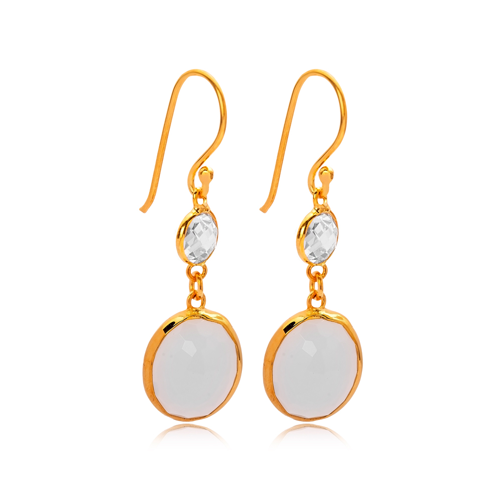 White Smoke Quartz Oval 22K Gold Bezel Silver Hook Earrings