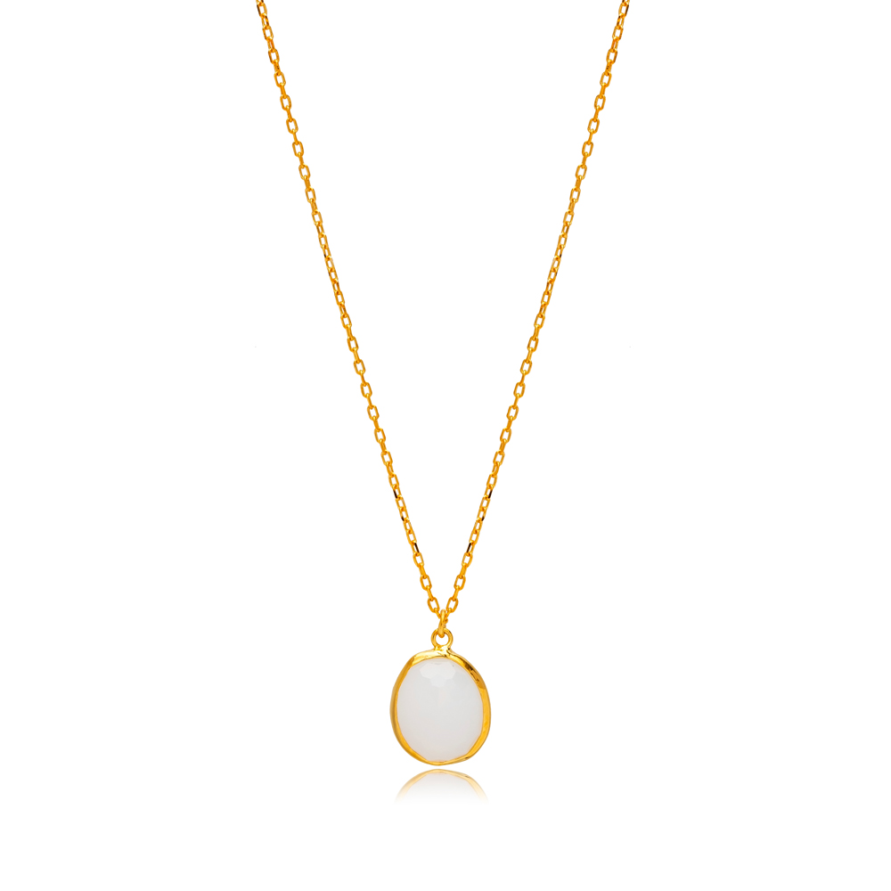 White Quartz Stone Oval 22K Gold Bezel Silver Charm Necklace