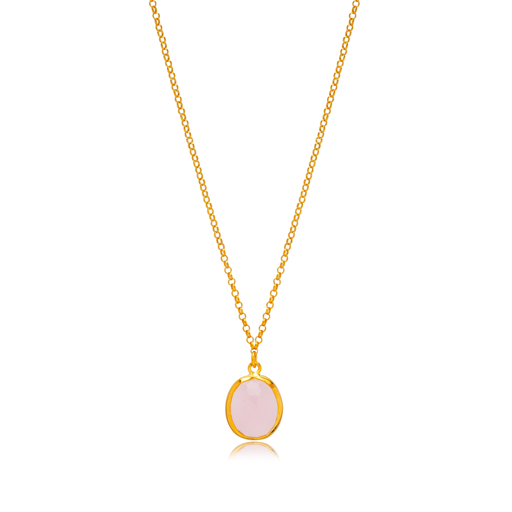 Pink Quartz Stone Oval 22K Gold Bezel Silver Charm Necklace