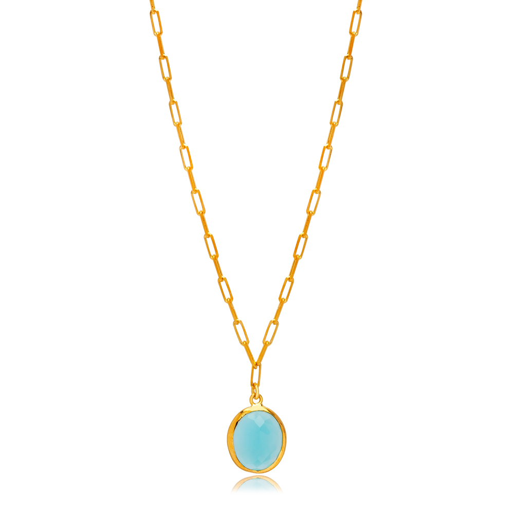 Aquamarine Quartz Oval 22K Gold Bezel Silver Charm Necklace