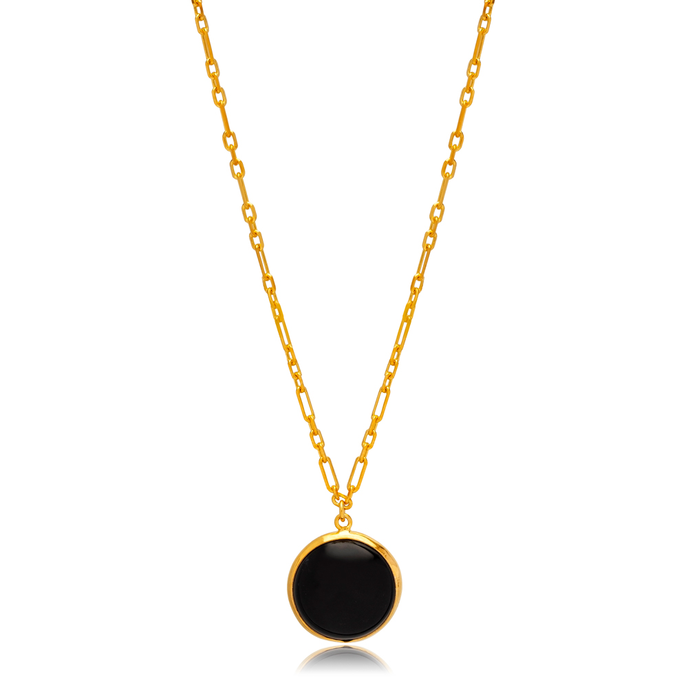 Black Quartz Stone Round 22K Gold Bezel Silver Charm Necklace