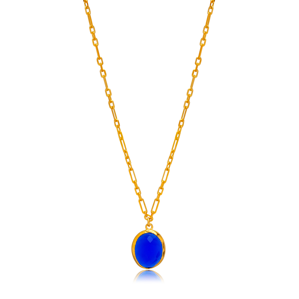 Sapphire Quartz Oval 22K Gold Bezel Silver Charm Necklace