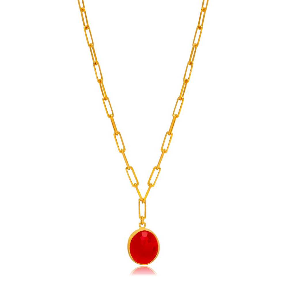 Ruby Quartz Oval 22K Gold Bezel Silver Charm Necklace