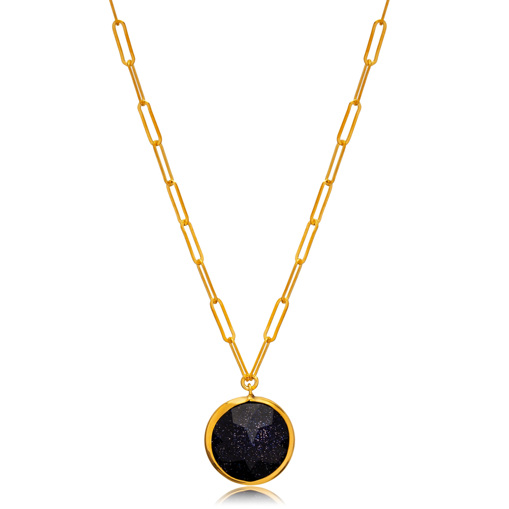 Silvery Navy Blue Quartz Round22K Gold Bezel Silver Necklace