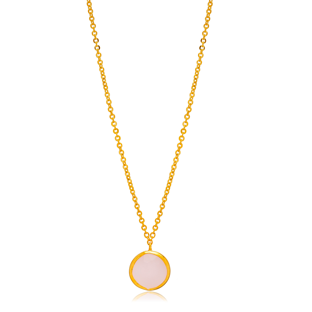 Pink Quartz Round 22K Gold Bezel Silver Charm Necklace