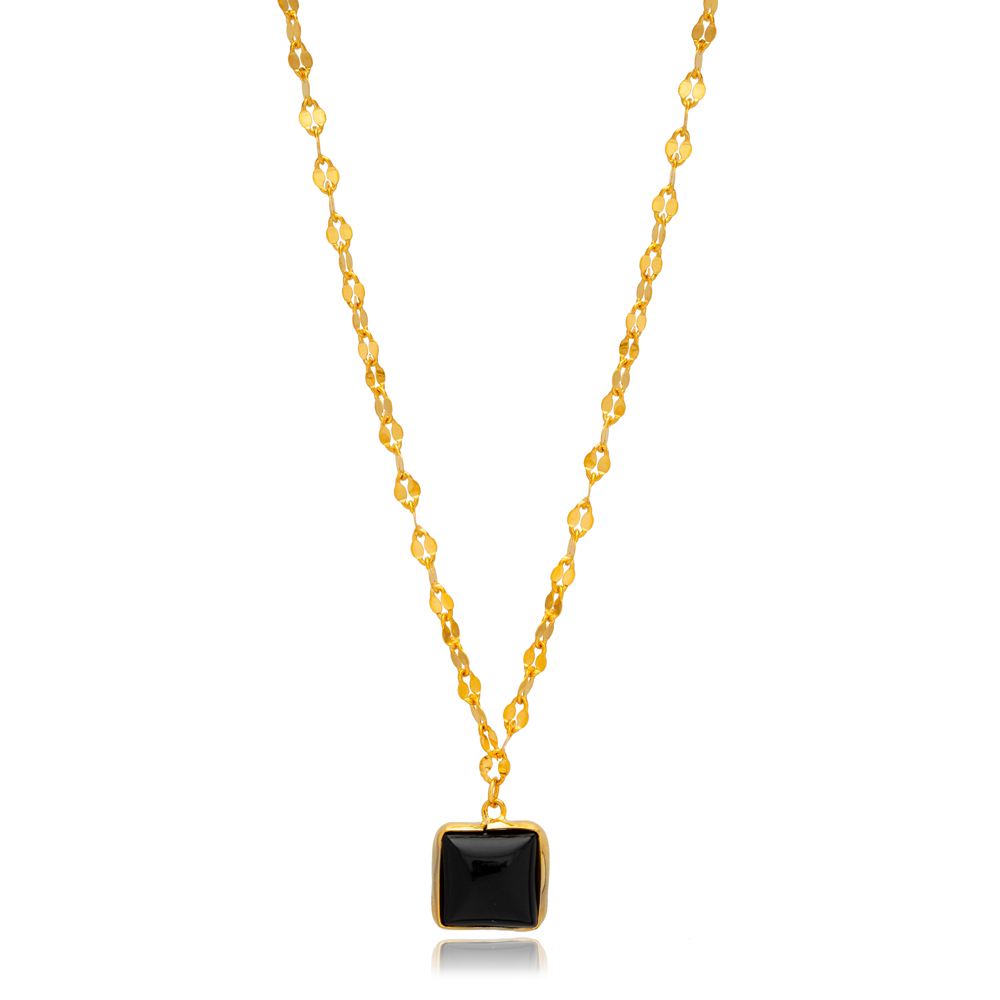 Black Quartz Square 22K Gold Bezel Silver Charm Necklace