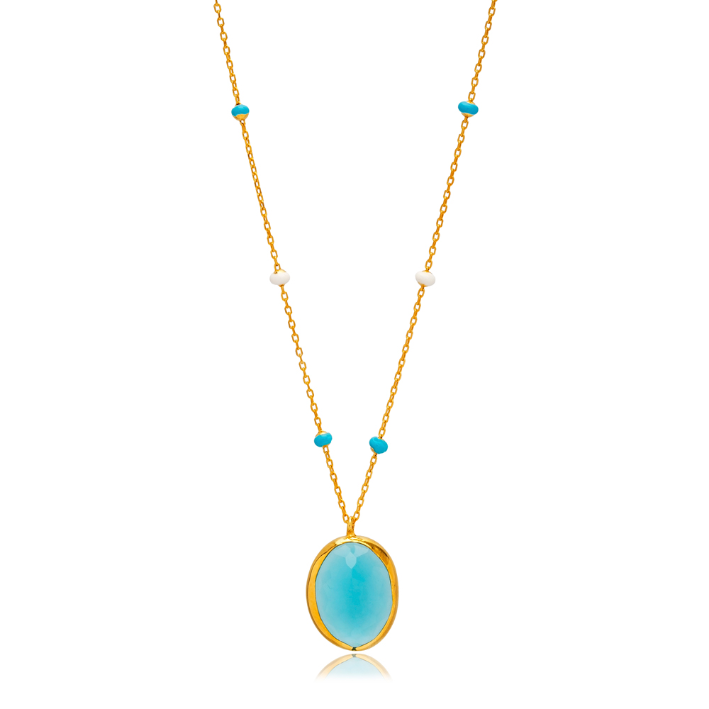 Aquamarine Quartz Round 22K Gold Bezel Silver Charm Necklace