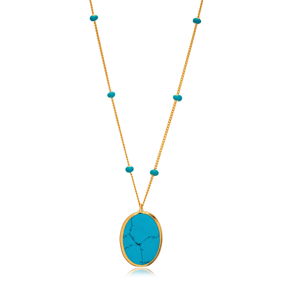 Oval Turquoise Eye Quartz 22K Gold Bezel Silver Charm Necklace